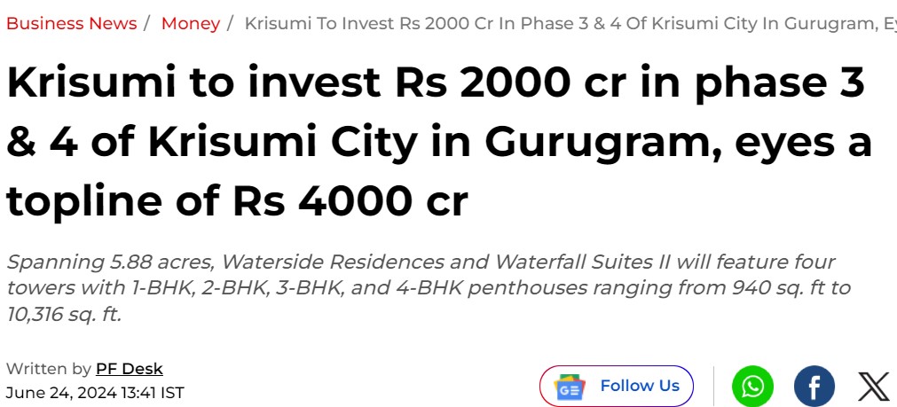 Krisumi Waterside Residency sector 36 Gurugram